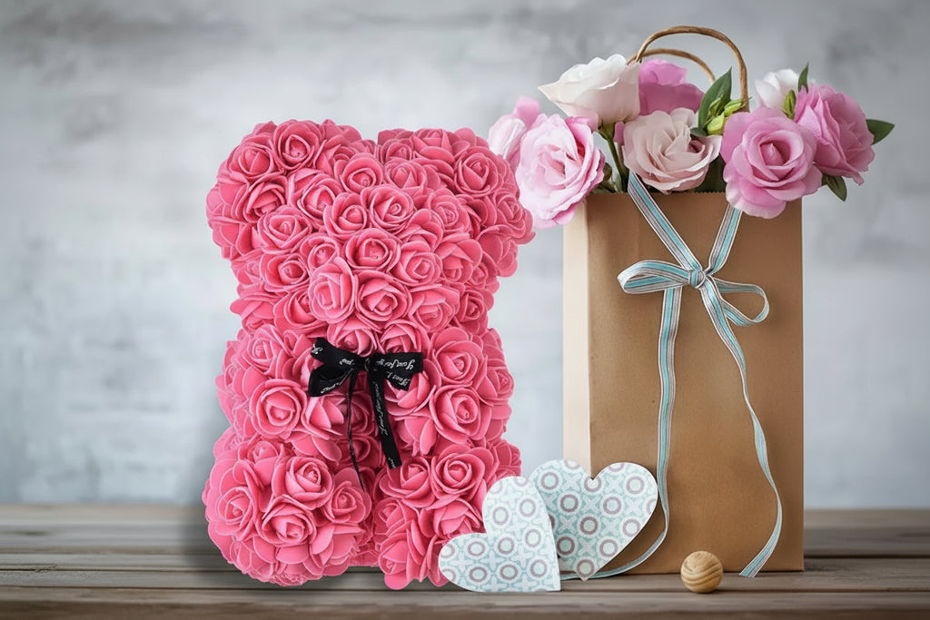 25Cm Artificial Teddy Rose Flower Bear with Box Romantic Valentines Day Gift Girlfriend Women Anniversary Wedding Party Supplies
